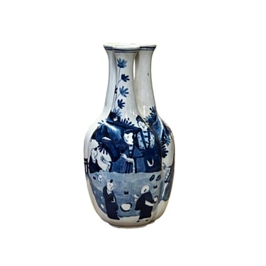 Chinese Blue White Porcelain 3 Mouths Ladies Kids Theme Vase Display ws2918E 