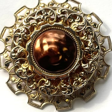 Vintage Gold Brooch, Large Gold and Bronze Pendant, Vintage Filagree Pendant, Statement Pendant, Vintage Pendant, Hat Pin, Scarf Accessory 