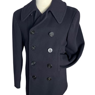 Vintage 1940s US Coast Guard 10-Button Wool Pea Coat ~ size 38 ~ USN WWII Era ~ Corduroy Pockets ~ Named / Stencil ~ Chinstrap ~ Navy 