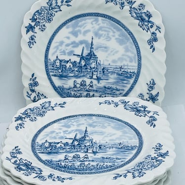 Vintage 8 Pc  Johnson Bros Tulip Salad Plates- Blue and White Windmill scene 7.5