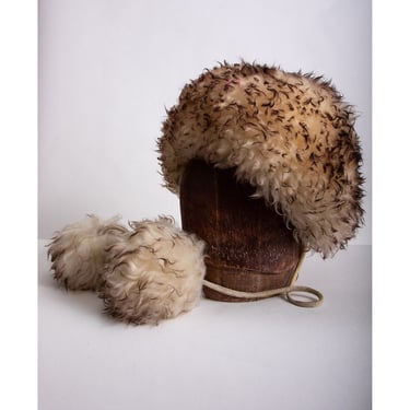 Vintage shearling sheepskin fluffy hat with pom poms / 1960s 1970s fur cap 