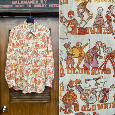 Vintage 1970’s “Clowning Around” Pop Art Clown Print Mod Shirt, 70’s Vintage Clothing 