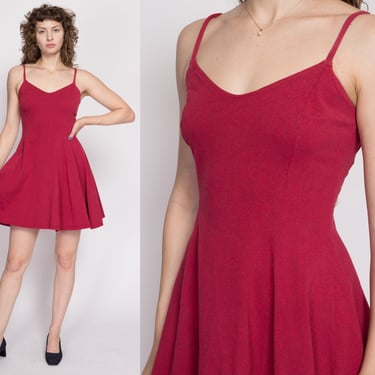 Medium 90s Red Mini Skater Dress | Vintage Spaghetti Strap Sweetheart Neck Sundress 
