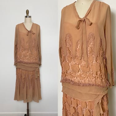 Antique 1920s Dress 20s Crepe Georgette Peach Day Dress 