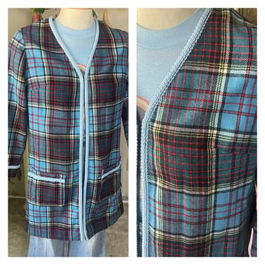 Vintage 1960s Plaid Jacket | Classic Tartan Pattern | Retro Blue and Red Blazer | Mod Style Lightweight Cardigan | Size Medium 