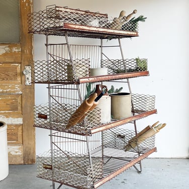 Vintage Metal Wire Industrial Rack Stand Shelves Plant Stand Baskets Store Display Retail Rusted Rusty Metal Wire Display Cubbies Plants 