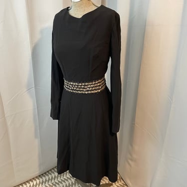 1950s LBD Black Mini Dress with Rhinestone Rick Rack Sash Belt DEADSTOCK M 