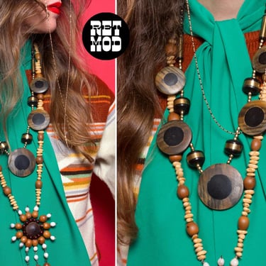 Chunky Vintage 70s 80s Black & Brass Color Circle Statement Necklace 