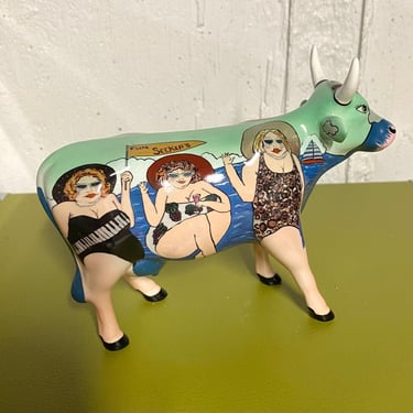 Vintage 2001 Cow Parade # 9199 Fun Seeker figurine by Westland~ Fun Beach Gift~ Ladies Beach Party~ Florida Sunbathing Ceramic Cow Art 