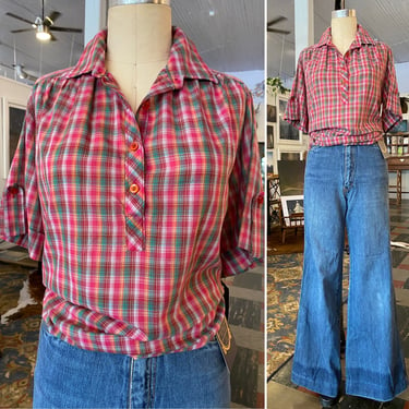1970s blouse, pink and green plaid, 70s tunic, cuffed short sleeves, vintage shirt, large, miss fashionality, casual wear, 36 bust, hippie 