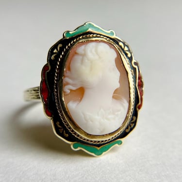 Sweet Antique Art Deco 14K Yellow Gold Enamel Cameo Ring Sz 8.25 5.3g 