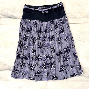 Vintage Style & Co Skirt Midi Denim Floral Low Rise Flare Blue Boho Hippie Cowgirl Womens 10 