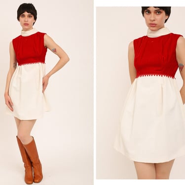 Vintage 1960s 60s Red Crimson Velvet Bodice Micro Mini Dress w/ High Neckline Empire Waist 