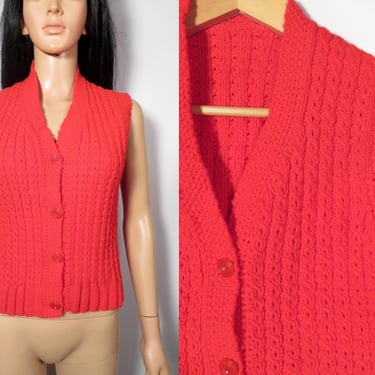 Vintage 70s Super Bright Cherry Red Handknit Sweater Vest Size S 