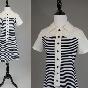 60s 70s Fritzi of California Dress - White Knit w/ Black Stripes - Vintage 1960s 70s - S M 