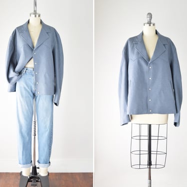 Blue Oversize Boxy Jacket XL / Western Style Jacket / Western Sports Jacket/Pearl Snap Jacket/ Blue Shirt Jacket/ Boxy Oversize Shirt Jacket 