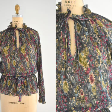 1970s Floral Pleated Blouse with Peplum 