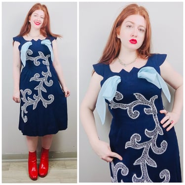 1950s Vintage Navy Blue Linen Party Dress / 50s / Fifties White Embroidered and Floral Beaded Dress / Size Large 