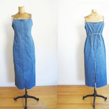 90s 2000s Denim Spaghetti Strap Maxi Dress S - Vintage Blue Jean Sheath Dress - Empire Waist Sundress - Long Straight Cut Dress 