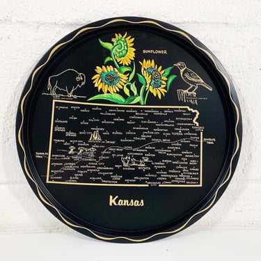 Vintage Metal Kansas Drink Tray Plate Souvenir Retro Sunflower Flower Flowers Blossom MCM Mid-Century Barware Bar 