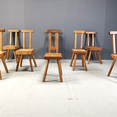 Set of 8 Brutalist dining chairs by Mobichalet, 1960s  - brutalist dining chairs  - high back oak chairs - brutalist design 