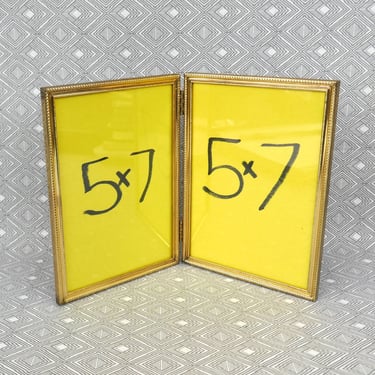 Vintage Hinged Double Picture Frame - Tabletop Gold Tone Metal w/ Glass - Holds Two 5" x 7" Photos - 5x7 frame 