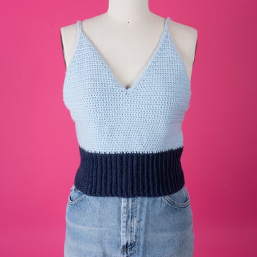 Vintage Handmade Handknit Two-tone Blue Crochet Tank Top with Spaghetti Straps 