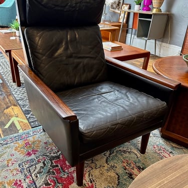 Danish High Back Lounge Chair in  Leather & Rosewood by Erik Worts