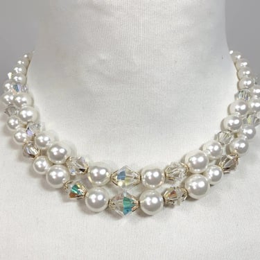 VINTAGE 50s Facet Cut Aurora Borealis and Pearl Beaded 2 Strand Choker Necklace JAPAN | 1950s Mid Century Jewelry Necklace | VFG 