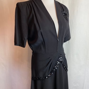 40’s black rayon dress 30’s -1940’s bias cut sequin trim metal side zipper front zipper pinup girl size 28” waist 