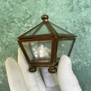 Vintage Mini Hexagon Glass And Brass Tone Lidded Box, Ring/Jewelry Box, Mini Terrarium, Display Box For Favorite Figurine, Wedding Ring Box 
