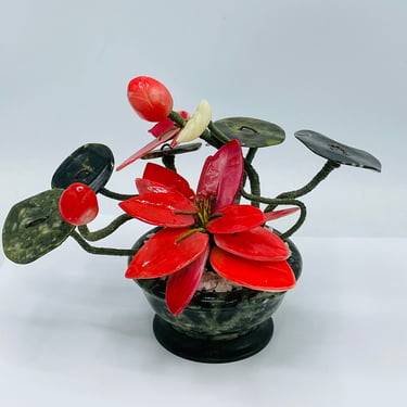 Chinese Feng Shui Red Poinsettia Bonsai Hardstone Gemstone Tree Plant- Symbol of Prosperity- Great Condition 