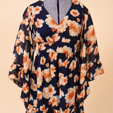 Navy Blue and Orange Floral Dress By Betsey Johnson, S
