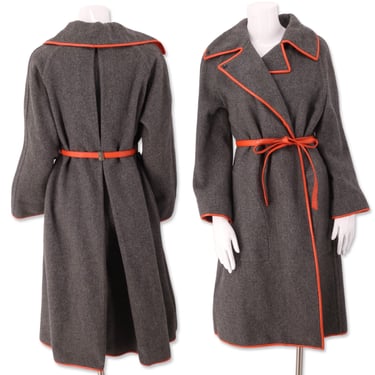 60s SILLS Bonnie Cashin gray wool leather tie coat M / vintage 1960s orange leather trim clutch car coat 70s 