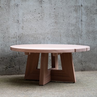 Contemporary Round Outdoor Coffee Table with thick top and mitered joinery 