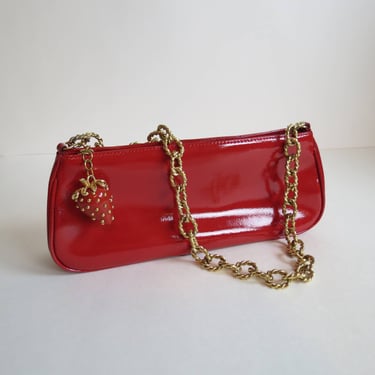 vintage Kenneth Jay Lane red patent leather mini bag, chain handle, strawberry charm, Y2K 