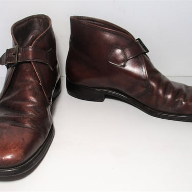 Vintage 1960s Brown Leather Ankle Boots, size 10 1/2 C men, monk strap, Beatles style 