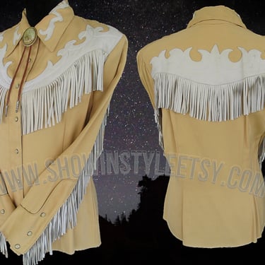 Ranch-Maid Vintage Western Women's Cowgirl Shirt, Rodeo Blouse, Lemon Yellow, Leather Appliques & Fringe, Approx. Medium (see meas. photo) 