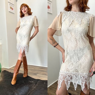 Vintage 1980s Dress / 80s Jessica McClintock Lace Dress / White ( S ) 