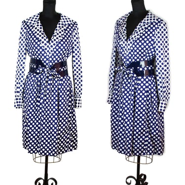 1960s Dress ~ Blue and White Polka Dot Polished Cotton Wide Belt Dress by Bert Geiger 
