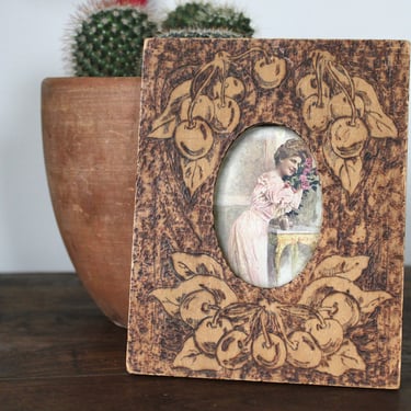 Art Nouveau Pyrography Cherry Cluster Portrait Frame Early 1900s Antique Wood Burned Photo Frame 