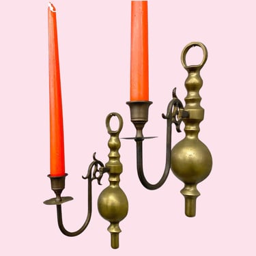 Vintage Candlestick Wall Sconces Retro 1980s Hollywood Regency + Gold + Bent Metal Frame + Set of 2 + Candle Display + Wall Decor/Decoration 