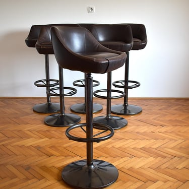 1 of 6 Mid Century Swivel Bar Stools with Back / Brown Leather Barstools / Counter Height Stools / Vintage Bar Chairs / Yugoslavia / 1970s 