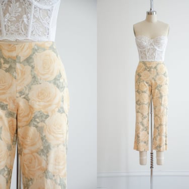 cropped pants | 90s y2k vintage pastel yellow green floral silk cotton cute cottagecore cropped trousers 