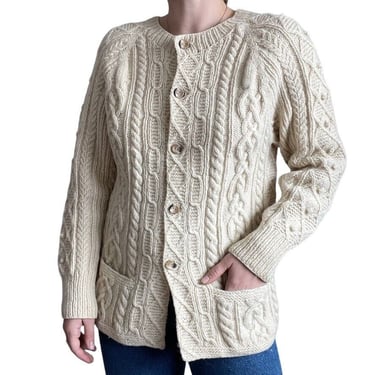 Vintage Hand Knit Womens White 100% Wool Fisherman Chunky Knit Cardigan Sz M 