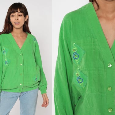 Green Jacket 90s Textured Cotton Jacket Lightweight Button Up Cardigan Embroidered Swirl Studded Sweater V Neck Spring Vintage 1990s Medium 