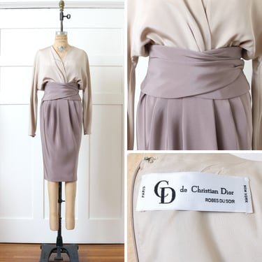 designer vintage 1990s Dior dress • draped silk Robes Du Soir wrap top dress with wide kimono belt 