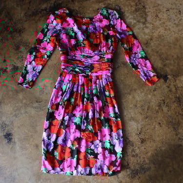 Colorful Silk Dress / Vintage Floral Long Sleeve Dress / 80's does 40's Dress / Women's Small 