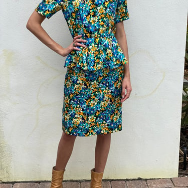 Silk Peplum Dress / 80s Does 40s / Floral Work to Date Night Party Dress / Peplum Midi Dress / Blue Black Teal Floral Dress 