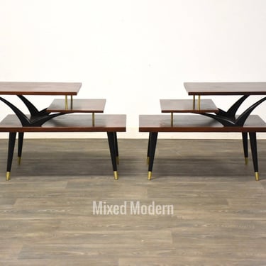 Walnut Three Tiered End Tables - A Pair 